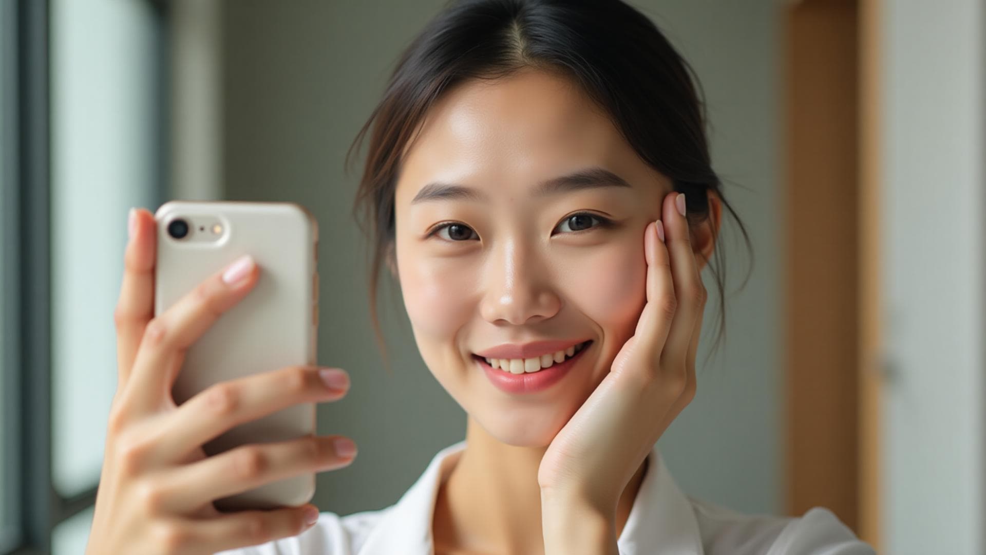 Beautiful woman using Avokado AI for skin analysis